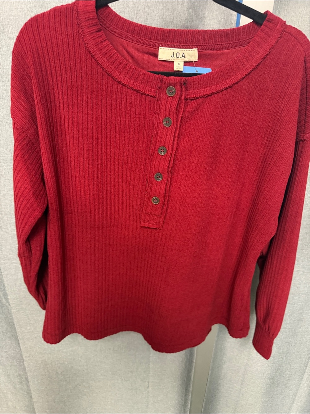 J.O.A. Crimson Ribbed Henley Long Sleeve Top